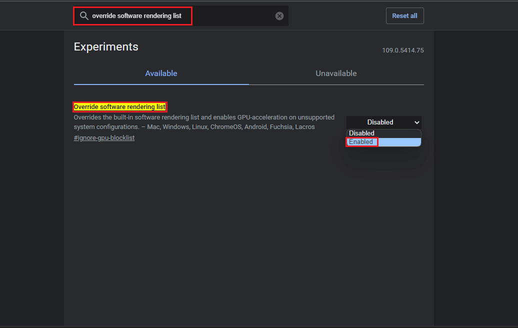 habilite la opción de anular la lista de representación de software en las banderas de Chrome