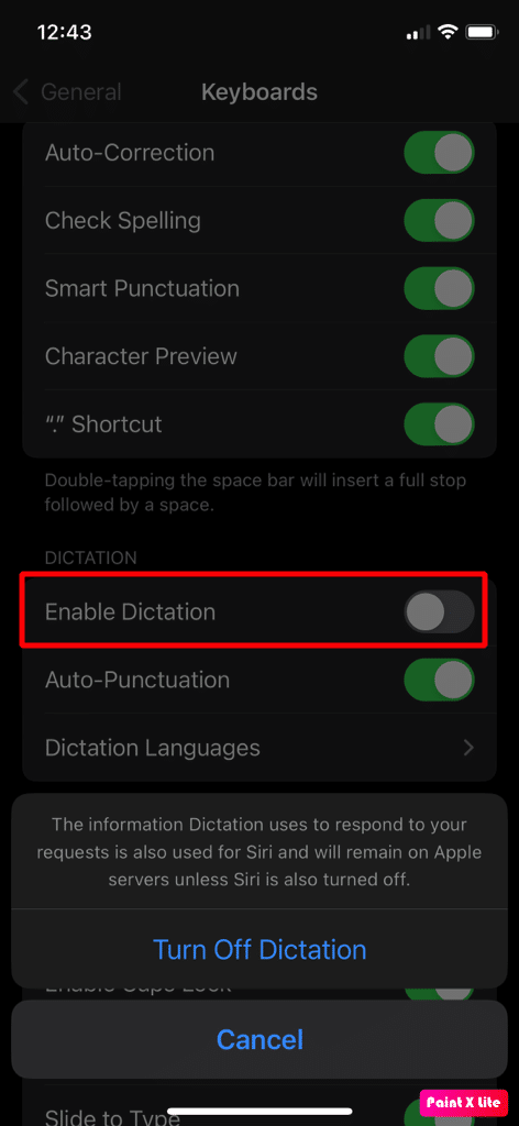 desactivar habilitar control deslizante de dictado