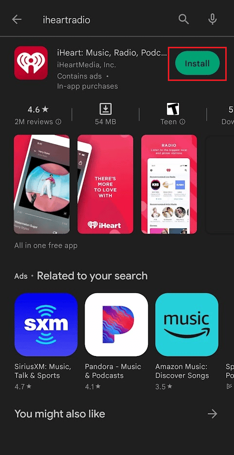 Toque la opción Instalar para la aplicación iHeartRadio |  plan familiar iHeartRadio