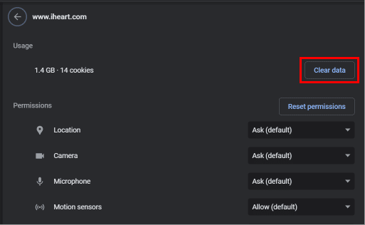 Toca el botón Borrar datos.  |  plan familiar iHeartRadio