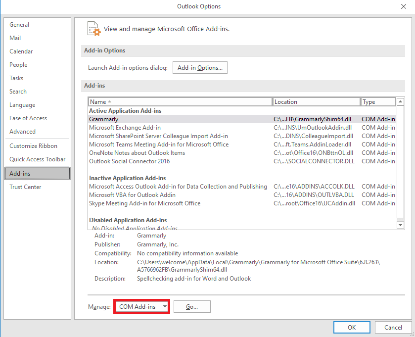 busque el menú desplegable Administrar y seleccione Complementos COM. Arreglar Outlook Autocompletar no funciona correctamente