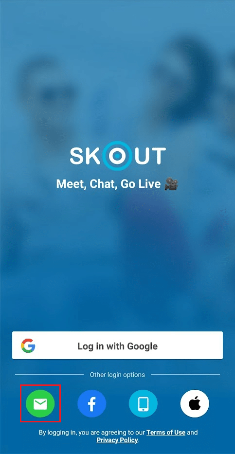 Toque el icono de correo electrónico de la sección Otras opciones de inicio de sesión | 