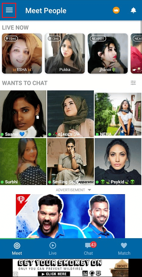 toca el icono de la hamburguesa en la esquina superior izquierda de la pantalla |  Cómo eliminar una cuenta de Skout