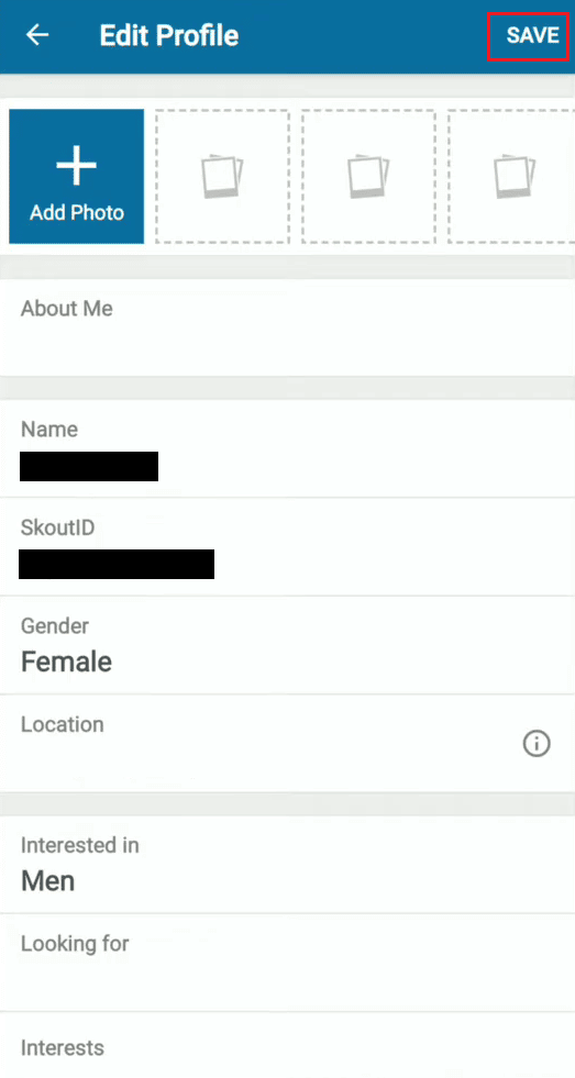 toque GUARDAR en la pantalla del menú Editar perfil |  Cómo eliminar una cuenta de Skout