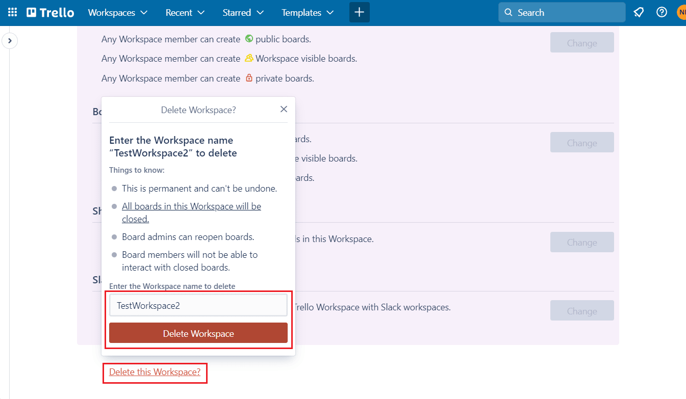 Eliminar este espacio de trabajo - nombre del espacio de trabajo - Eliminar espacio de trabajo | ¿Se puede eliminar el tablero de Trello?