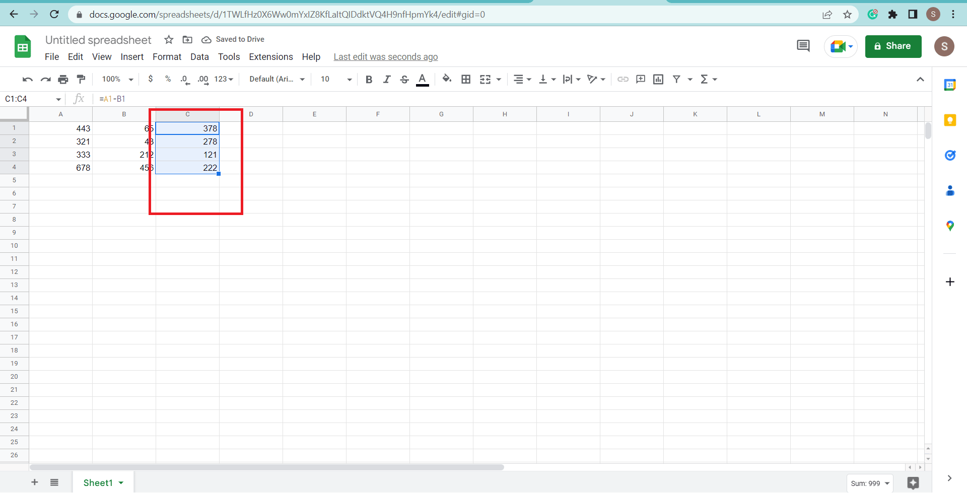 Pulse Intro y arrástrelo hacia abajo para realizar más cálculos |  Cómo restar en Google Sheets
