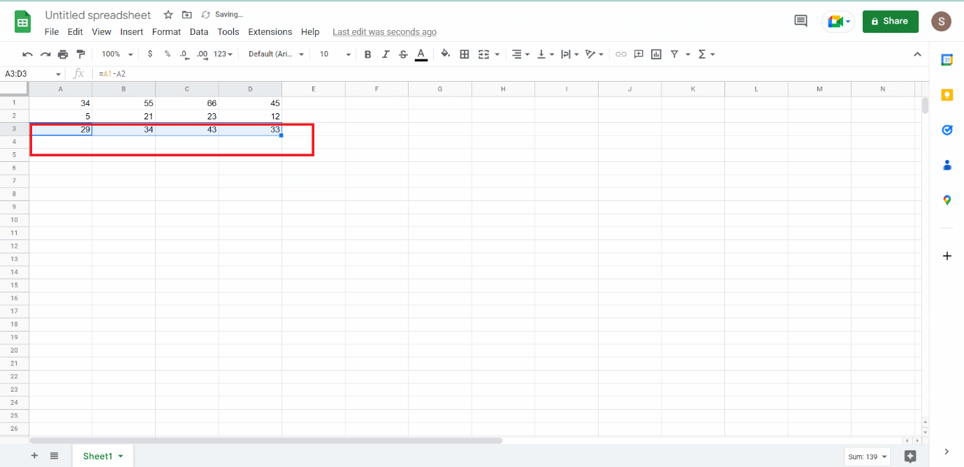 Arrástrelo horizontalmente si desea restar más filas con la misma fórmula seleccionando la celda y haciendo clic en el signo más en la esquina de la celda |  Cómo restar en Google Sheets