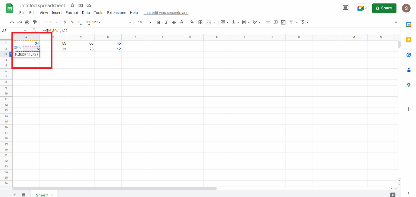 Haga clic en otra celda que desee restar |  Cómo restar en Google Sheets