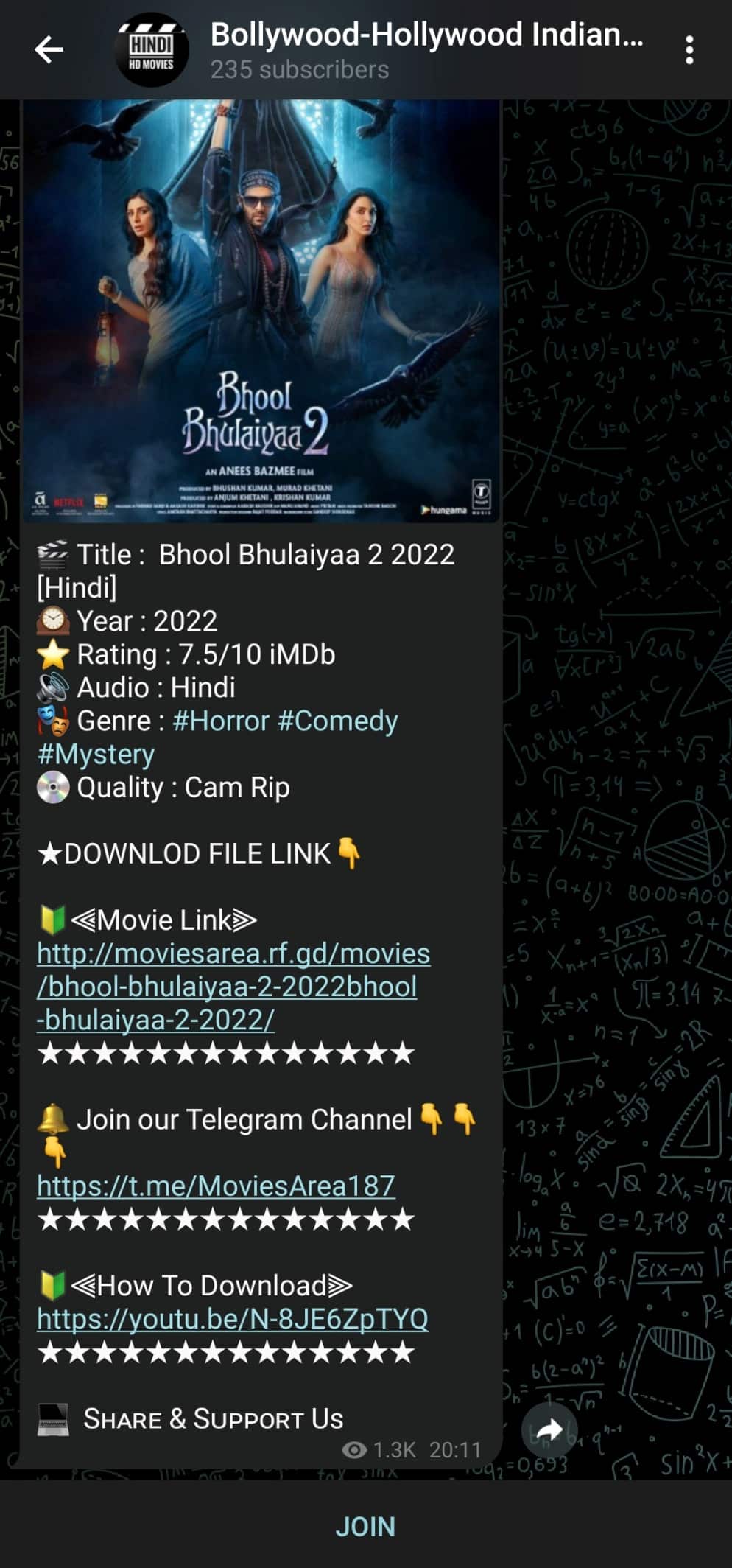 Póster de Bhool Bhulaiyaa 2 en la página de telegramas de Bollywood Hollywood Indian Hindi movies HD 