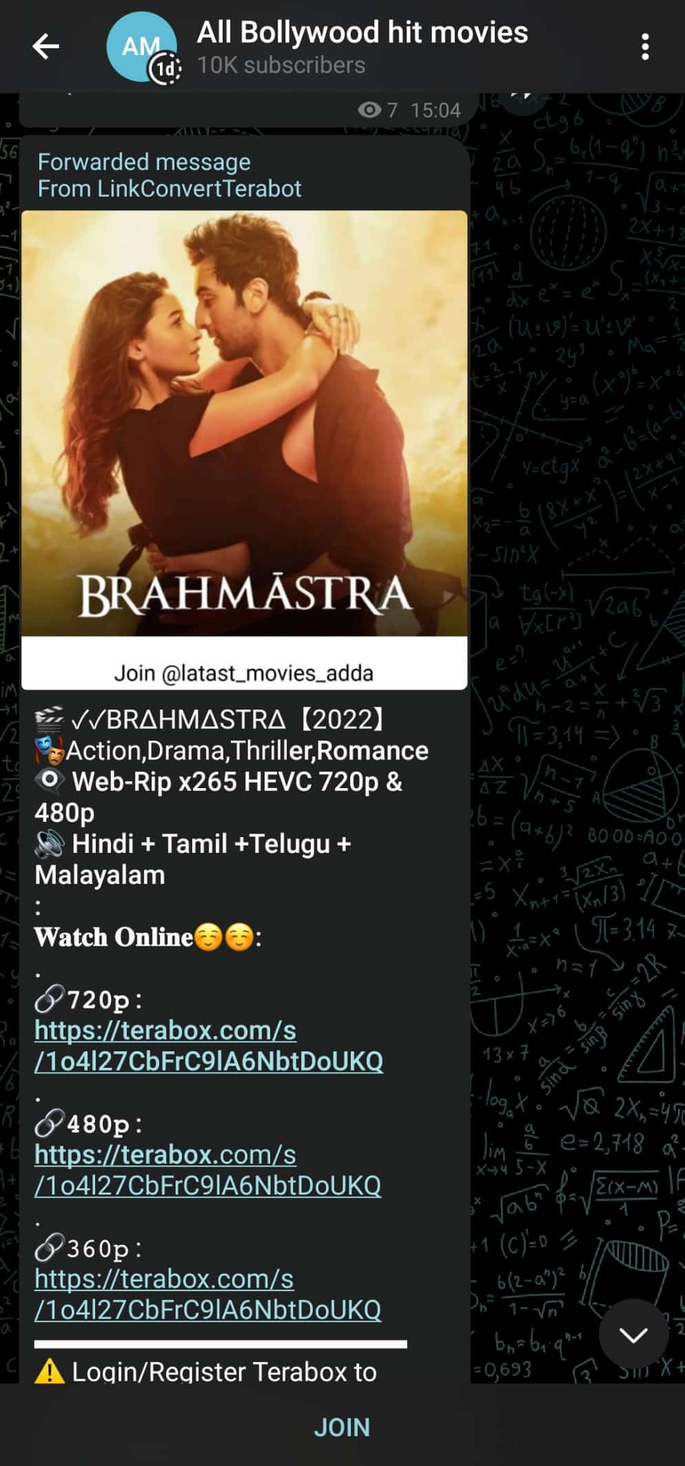 Brahmastra en la página de telegramas de todas las películas exitosas de Bollywood 