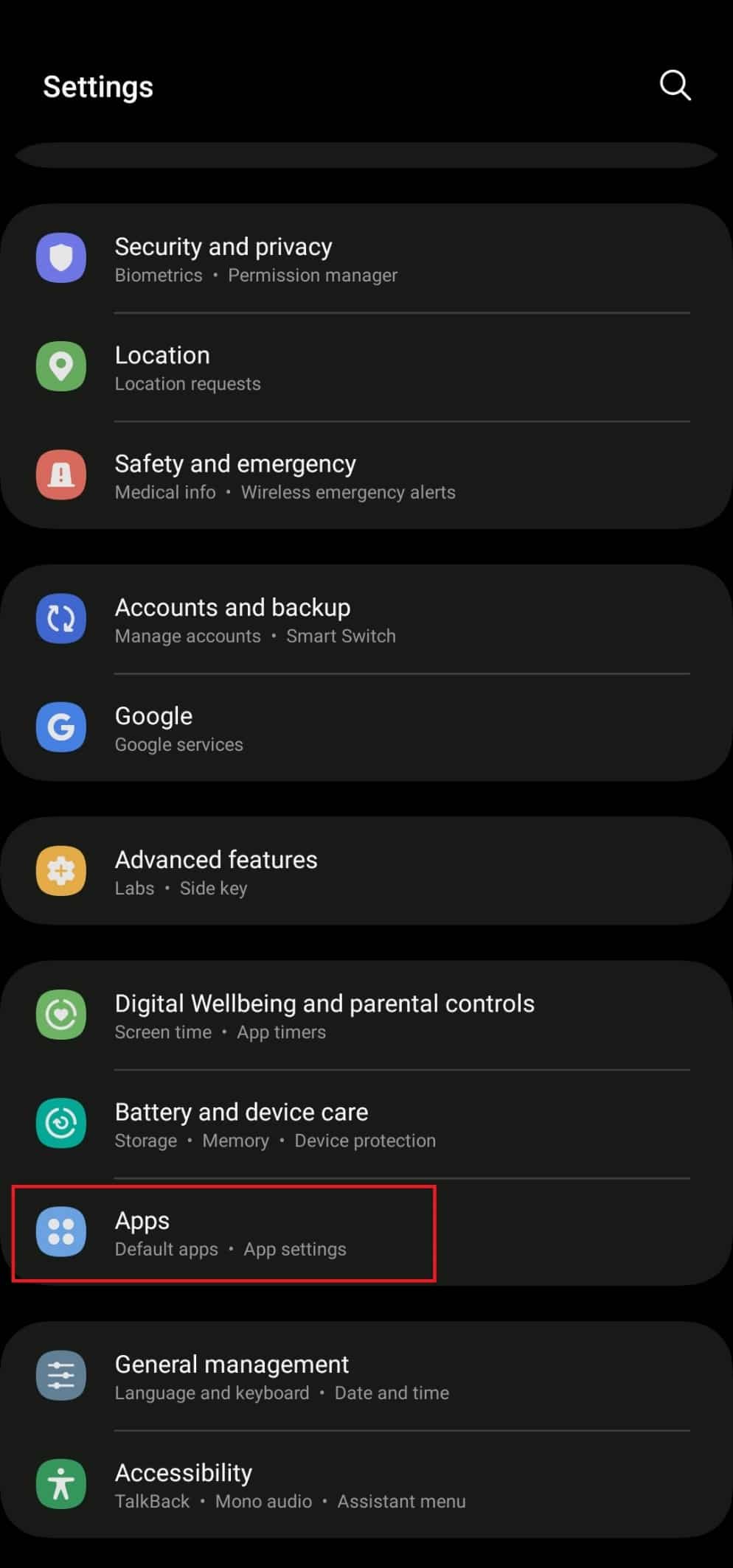 navega a Aplicaciones.  Cómo cambiar los sonidos de notificación para diferentes aplicaciones en Samsung