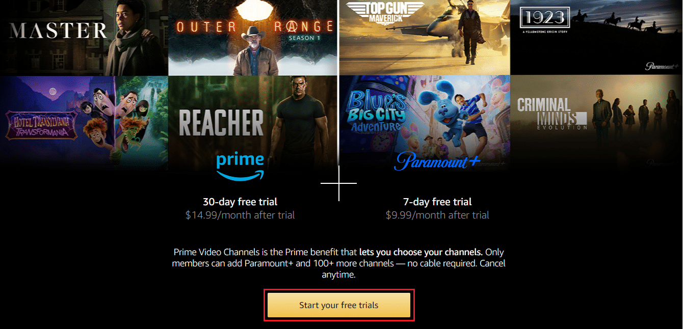 seleccione Comience su opción de prueba gratuita en Paramount más Amazon prime video