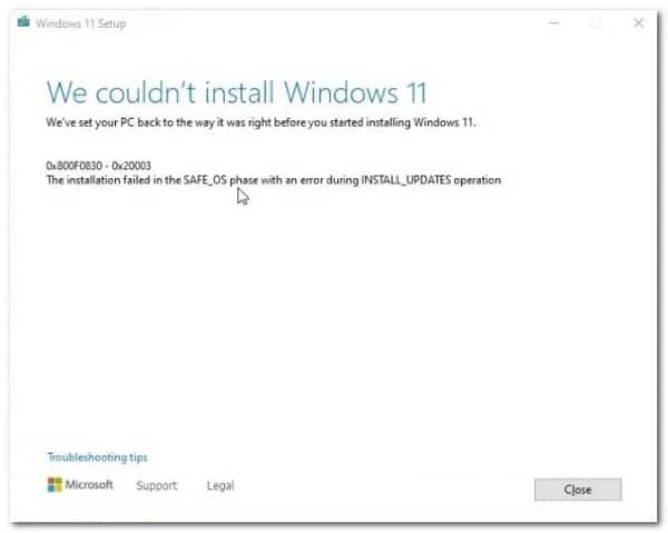 Error 800f0830 - 0x20003