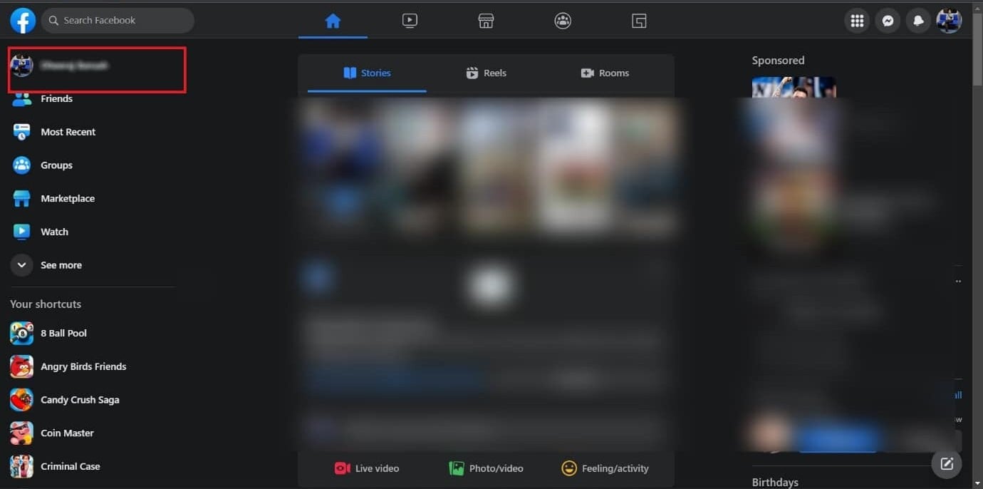 En la página de inicio de Facebook, haga clic en su nombre en el panel izquierdo para ir a su perfil |  ¿Cómo puedo ver seguidores ocultos en Facebook?