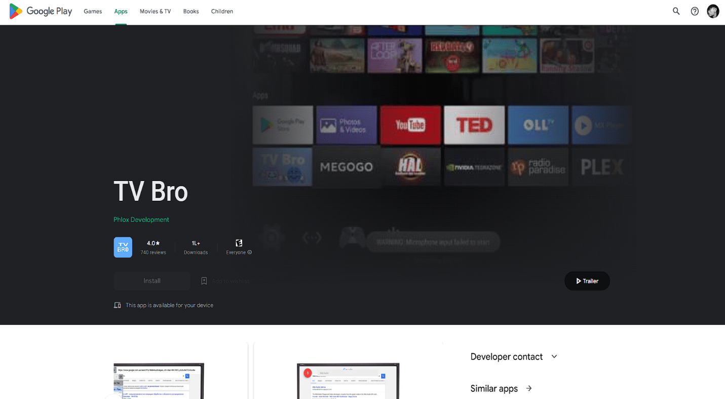 Página de TV Bro Play Store