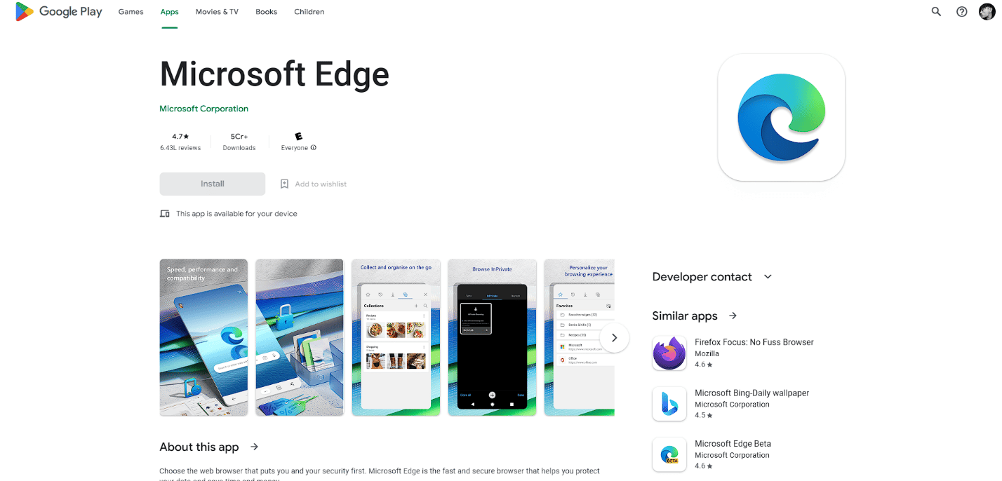 Navegador Microsoft Edge Play Store