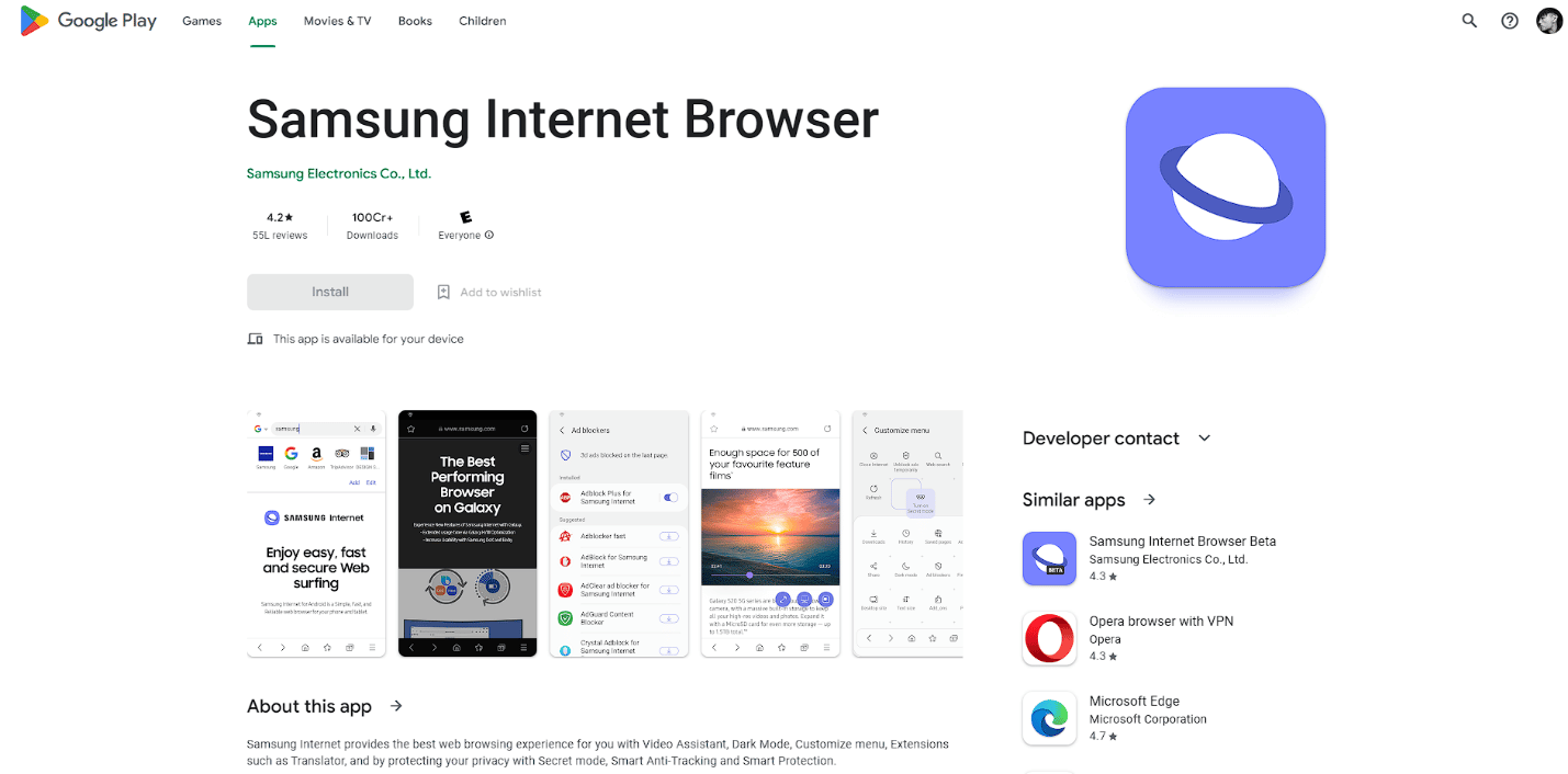Navegador de Internet Samsung Play Store