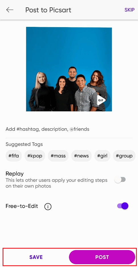 toca la opción POST o SAVE para compartir la imagen