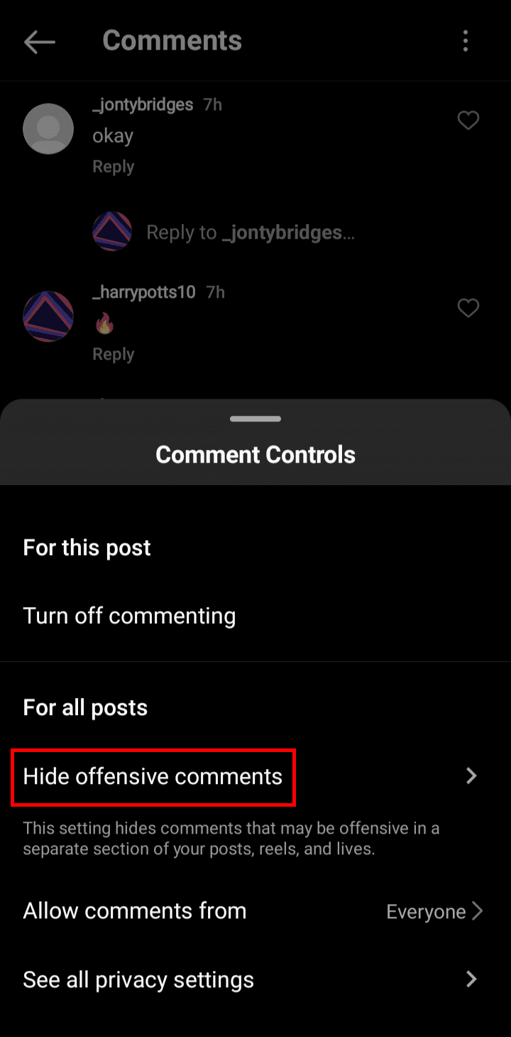 Toque la opción Ocultar comentarios ofensivos del menú que apareció en la parte inferior.