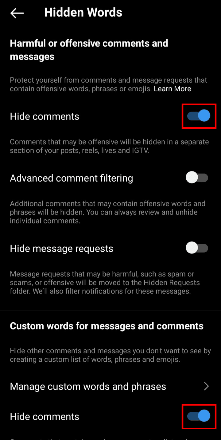 Desactive el interruptor junto a la opción Ocultar comentarios para mostrar los comentarios ocultos. | app para ver comentarios borrados en instagram