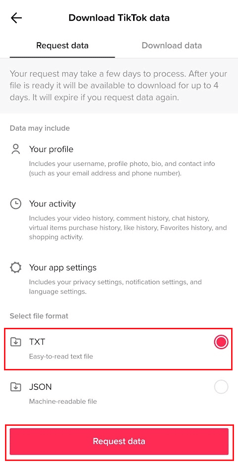 Seleccione el formato de archivo TXT y toque Solicitar datos