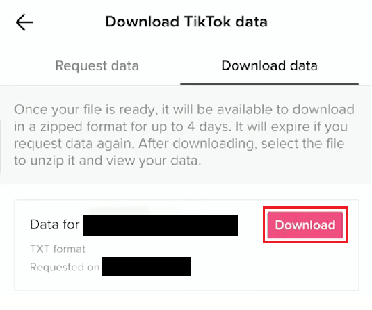 Toque la opción Descargar del archivo recibido que solicitó | Cómo encontrar tus comentarios en TikTok