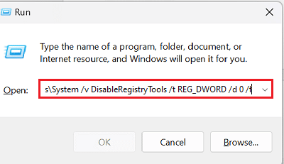 ejecute el comando en el cuadro de diálogo ejecutar. cómo habilitar regedit