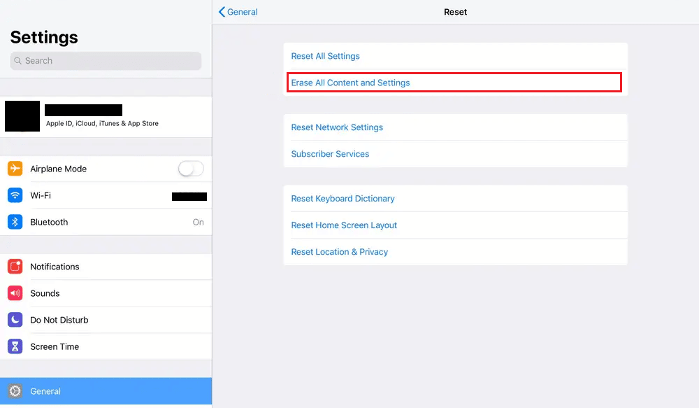 toque Borrar todo el contenido y la configuración |  iPad sigue apagándose