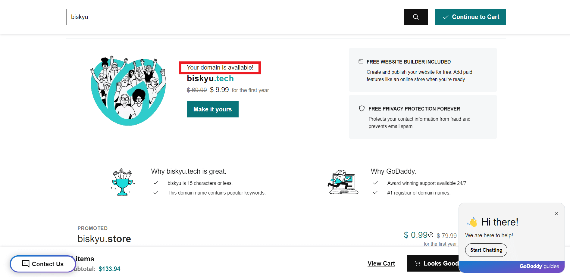 Ahora verá que Su dominio está disponible está escrito encima del nombre de dominio. 