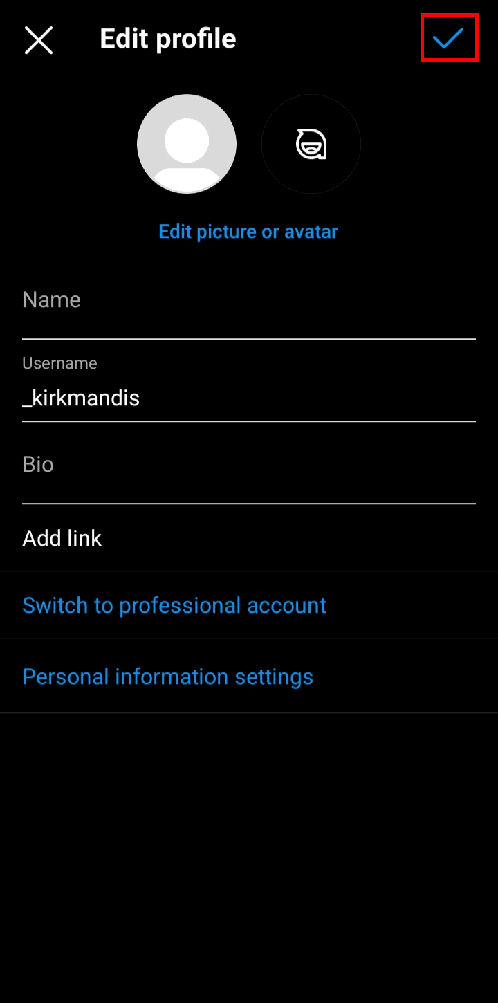 Toque el icono de la derecha nuevamente para eliminar el nombre completo y guardar los cambios. | Cómo eliminar nombres de usuario anteriores en Instagram