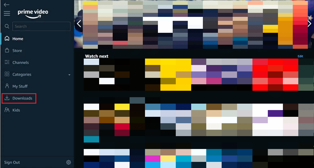 menú de descargas de la aplicación de video amazon prime