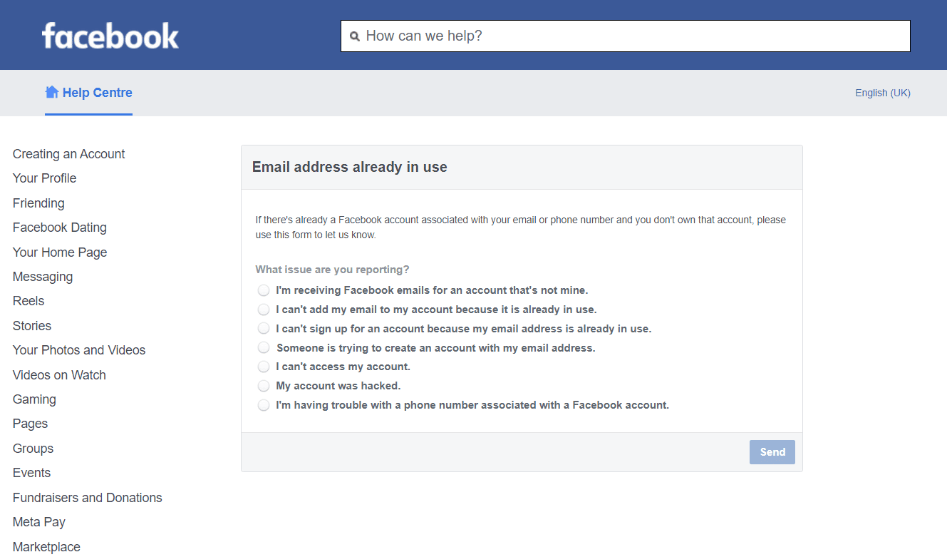 página oficial de informes de Facebook