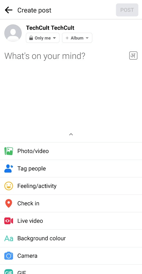 Opción Qué tienes en mente desde tu perfil de FB y agregar contenido interesante