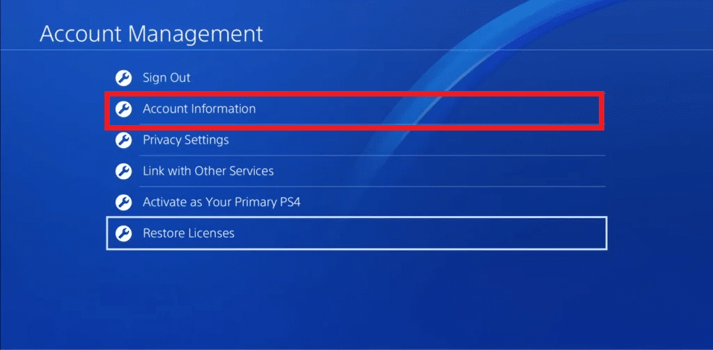 elija Información de la cuenta ps4