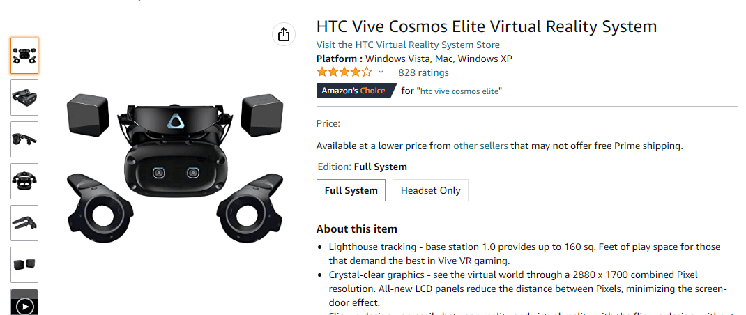 Página de Amazon HTC Vive Cosmos Elite
