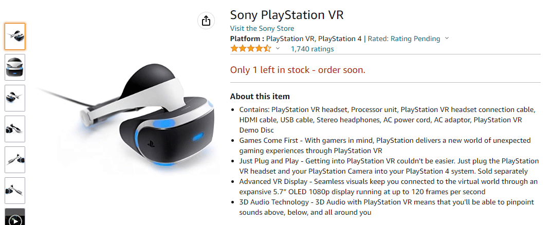 Página de Amazon de Sony Play Station VR