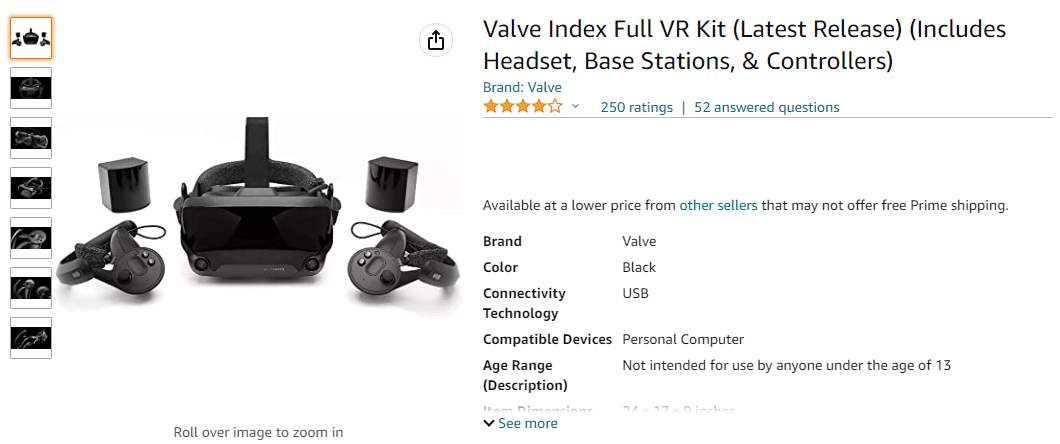 Página de Amazon de Valve Index Full VR Kit