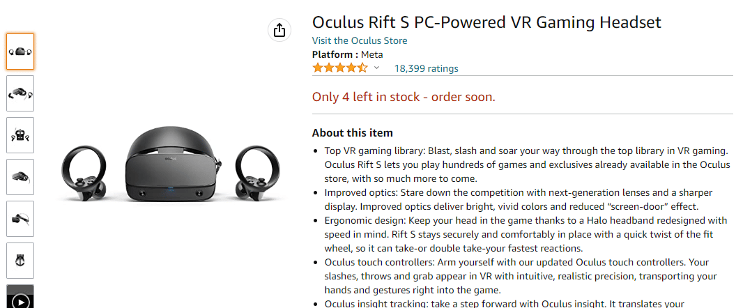 Página de Amazon de Oculus Rift S