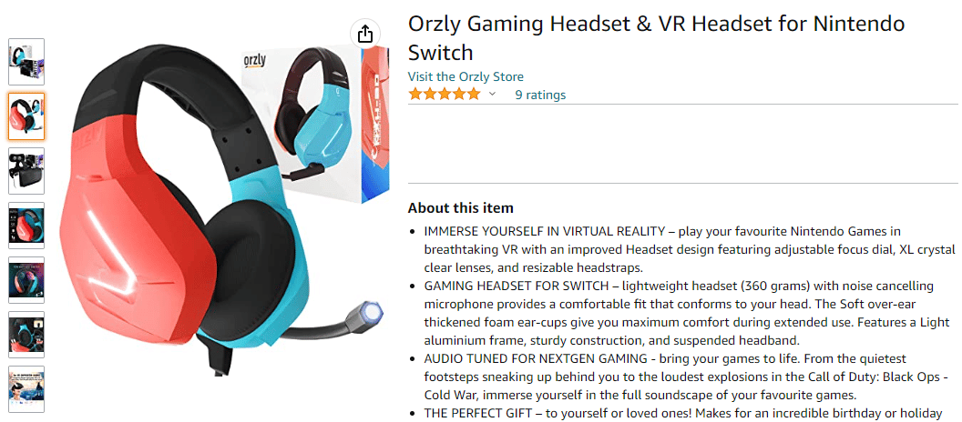 Página de Amazon de Orzly VR Headset