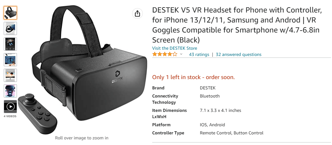DESTEK V5 VR Auriculares con controlador página de amazon