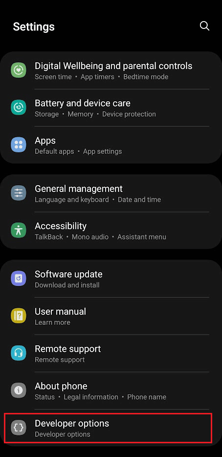 Desliza hacia abajo y toca Opciones de desarrollador