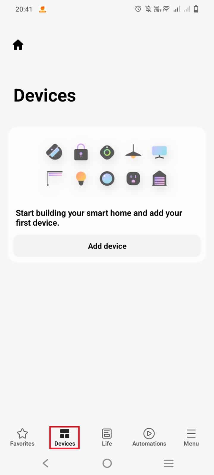 Toque Dispositivos para agregar su modelo de TV Samsung a su aplicación SmartThings. 