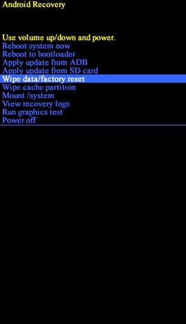 Pantalla de recuperación de Android con Borrar datos/restablecimiento de fábrica