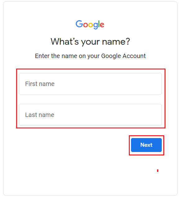 ingrese el Nombre y Apellido de su cuenta de Google y haga clic en Siguiente