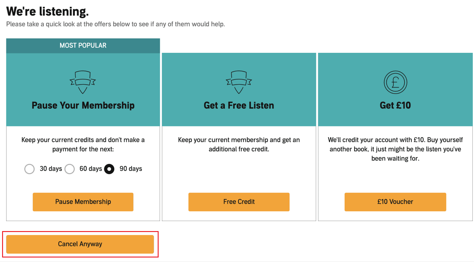 Haga clic en Cancelar de todos modos para confirmar la cancelación de su suscripción |  Cómo pausar la membresía de Audible
