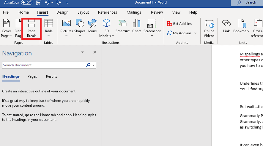 Botón Salto de página en la sección Páginas