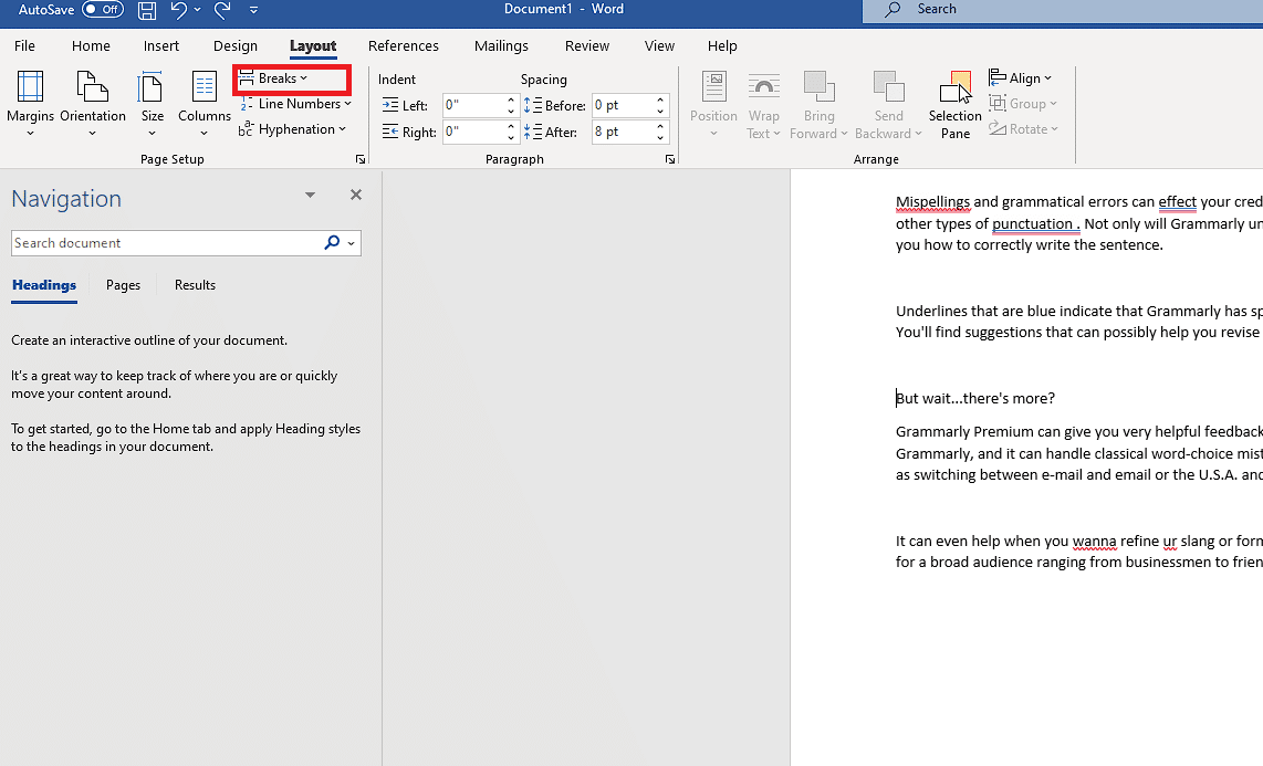 En la sección Configuración de página, haga clic en la opción Saltos.