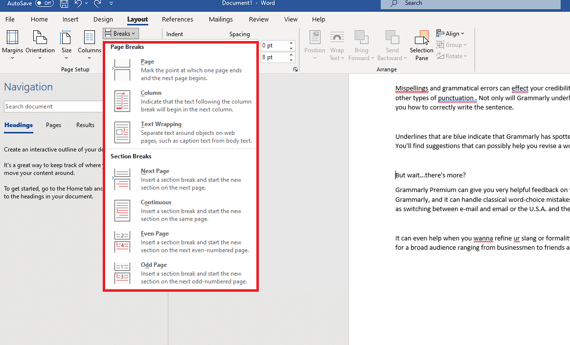 Seleccione el tipo de salto de página que necesita.