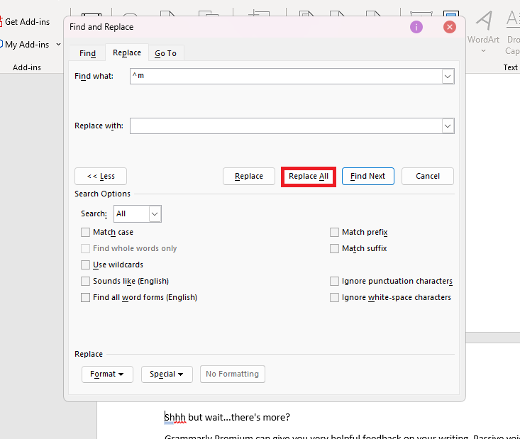 Después de ver aparecer un símbolo ^m en el cuadro de texto Buscar, haga clic en el botón Reemplazar todo para eliminar el Salto de página.