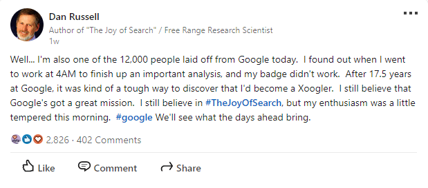 Publicación de Linkedin de Dan Russell